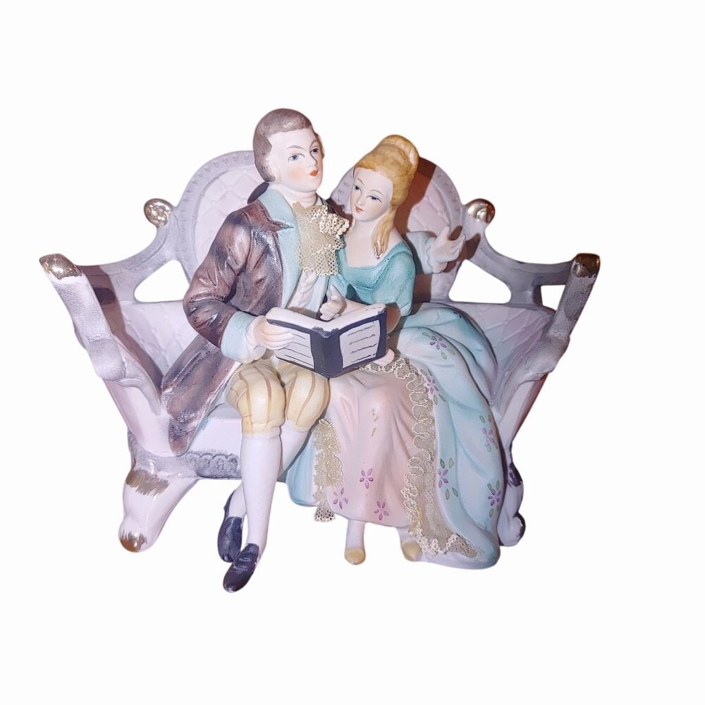 Norlean Japan Porcelain Figurine Romantic Couple Vintage Reading White Gold Sofa